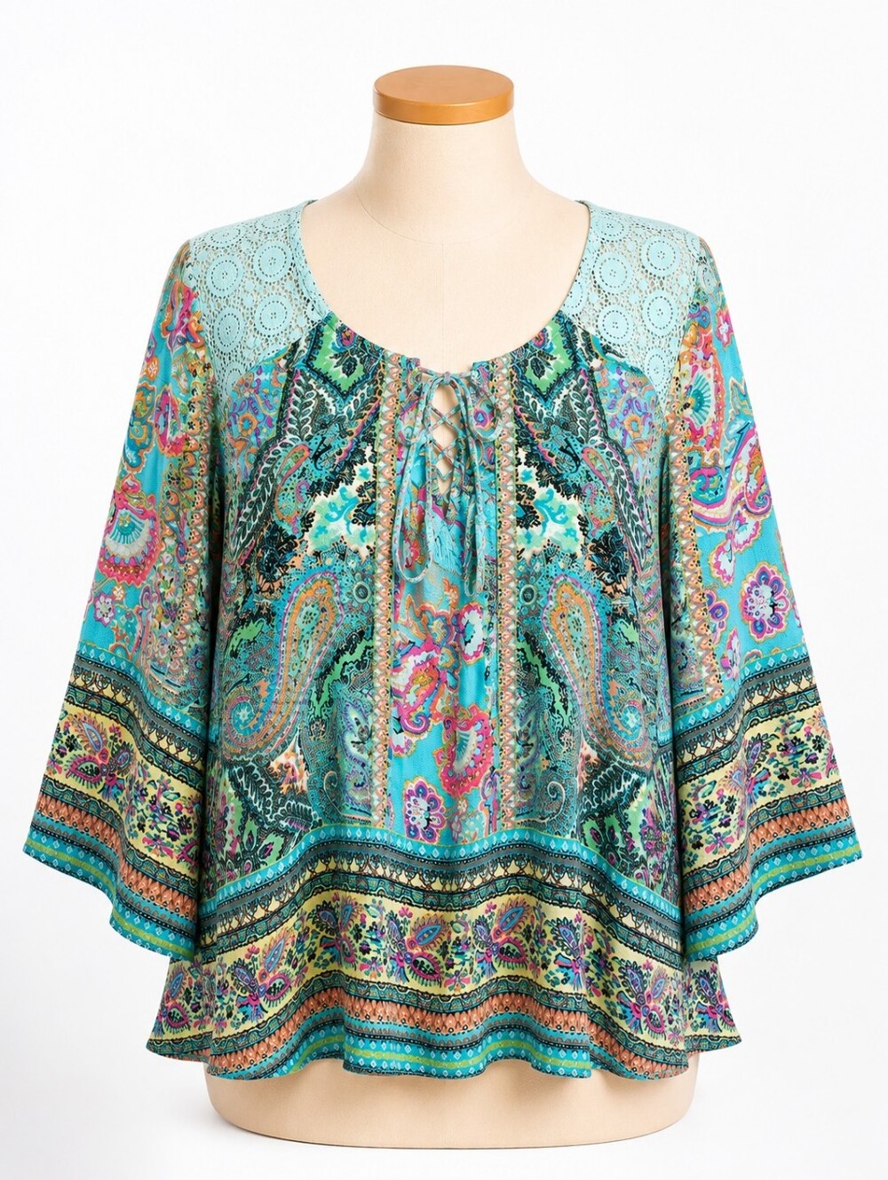 Bohemian Lace-Yoke Tie-Front Paisley Blouse — Turquoise